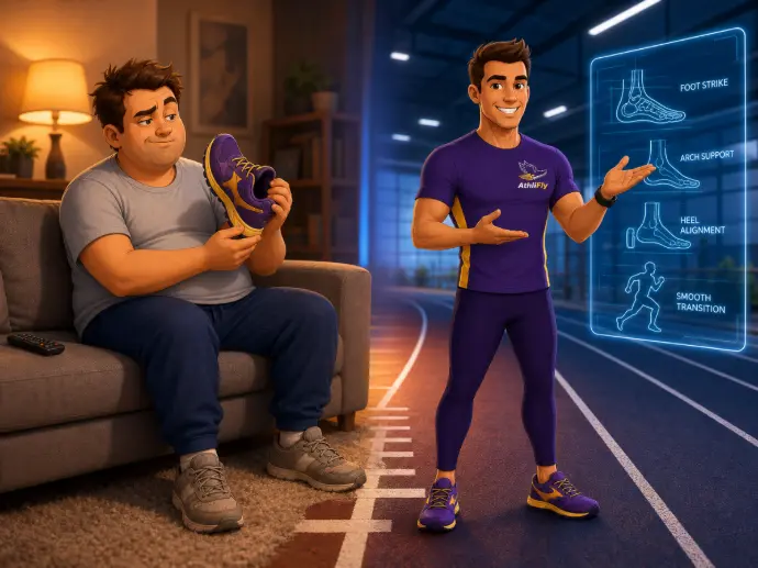Rex & Coach Fly โ Two Voices, One Running Standard Rex the skeptical beginner runner on the couch meets Coach Fly on the running track โ the two voices of AthliFly