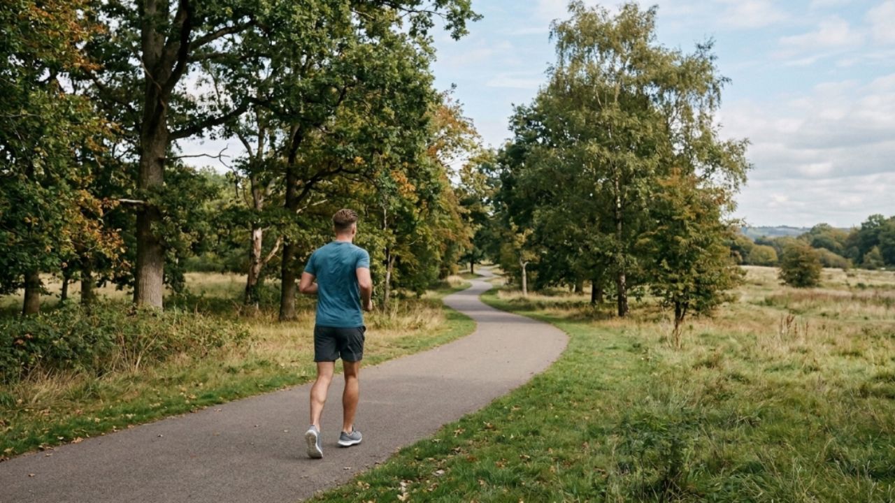 The talk test for pacing a beginner 5K training plan Beginner runner seen from a distance jogging at an easy conversational pace